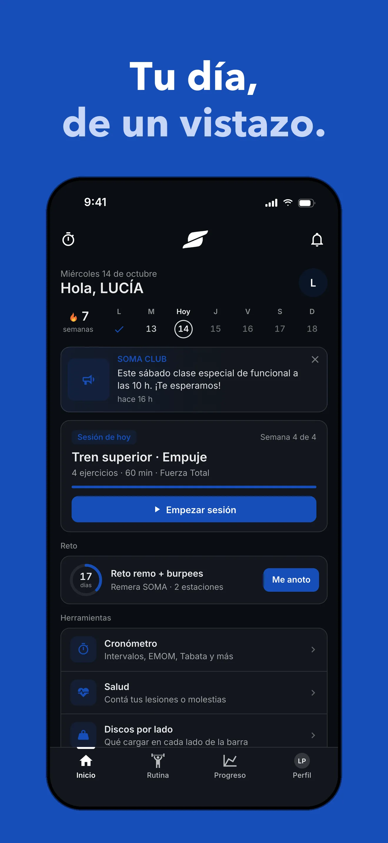 Tu día, de un vistazo: el inicio de la app con la sesión de hoy