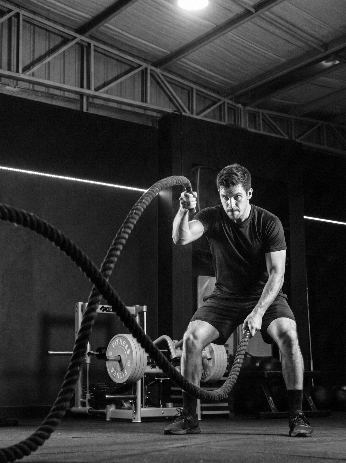 Atleta con cuerdas de batalla y magnesio en el aire